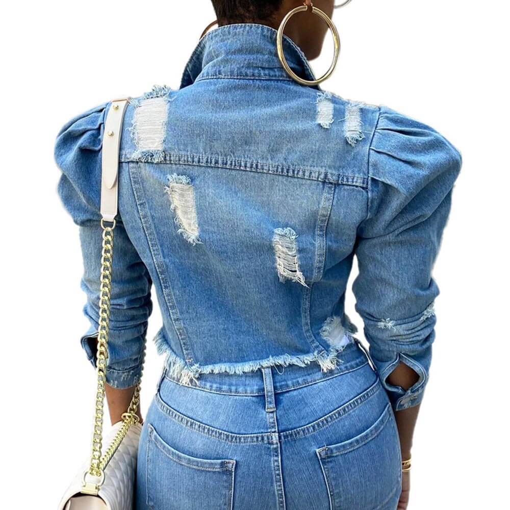  Women's Distressed Denim Jeans Outfits Coat Spring Fall Washed Jeans Outerwear Short Denim Jacket