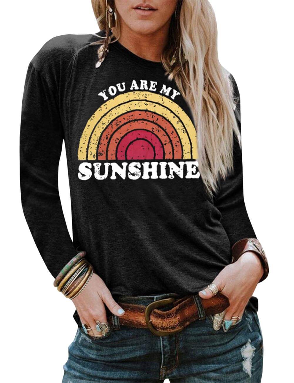  Women‘s You are My Sunshine T Shirt Long Sleeve Printed Graphic Tees Casual Summer O Neck Tops Shirts