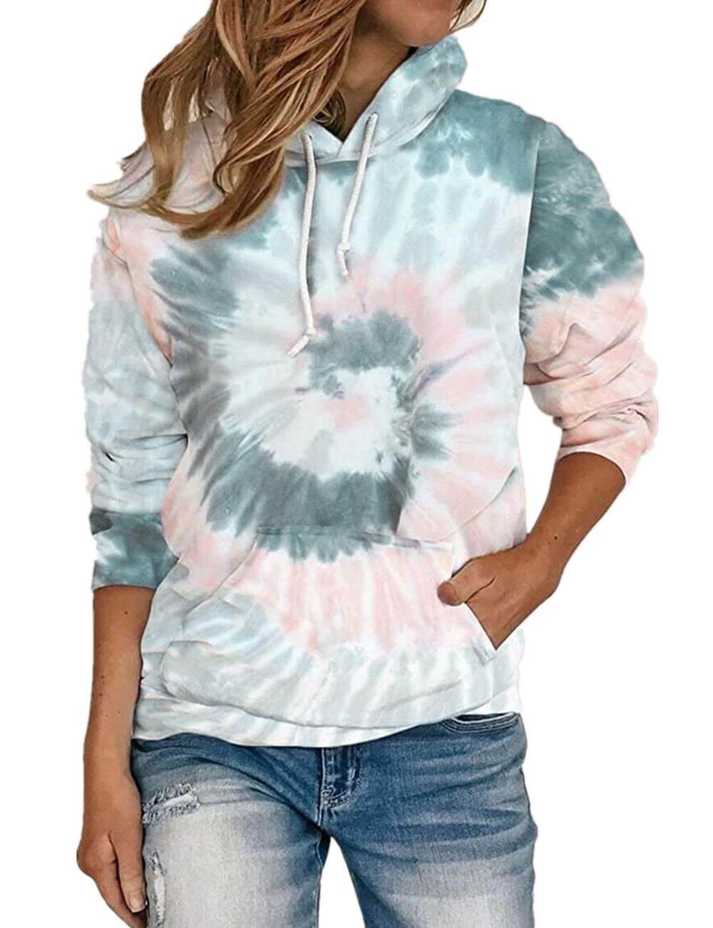  Women‘s Hoodies Tops Color Block Tie Dye Printed Long Sleeve Loose Drawstring Pullover Sweatshirts with Pocket