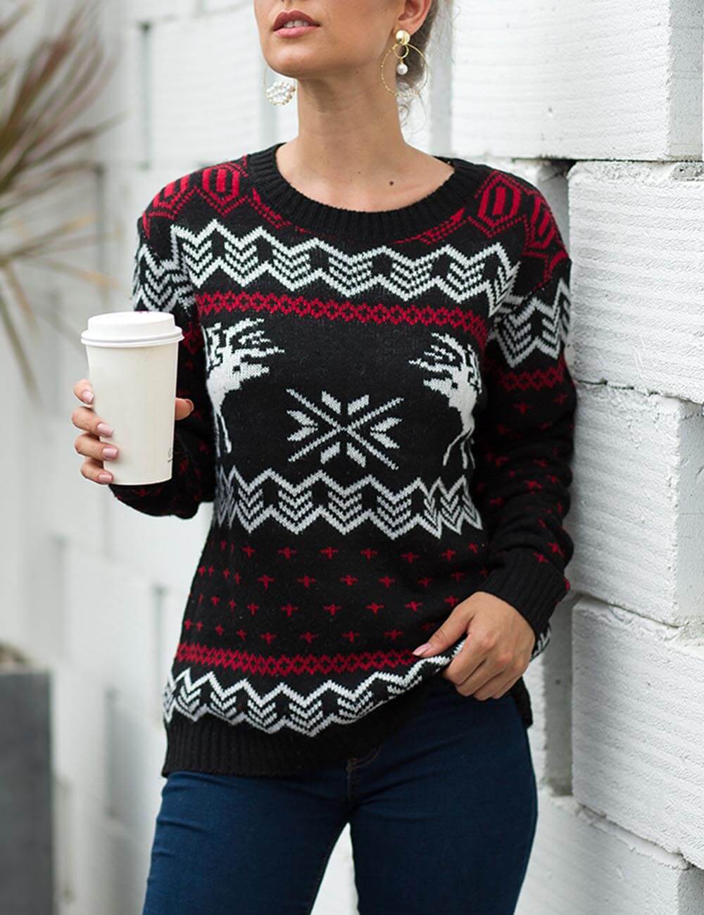  Women's Stylish Christmas Reindeer Sweater Round Neck Long Sleeve Loose Knit Pullover Cardigan Jumper