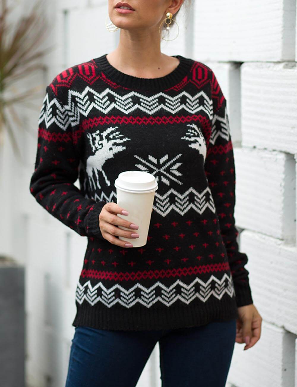  Women's Stylish Christmas Reindeer Sweater Round Neck Long Sleeve Loose Knit Pullover Cardigan Jumper