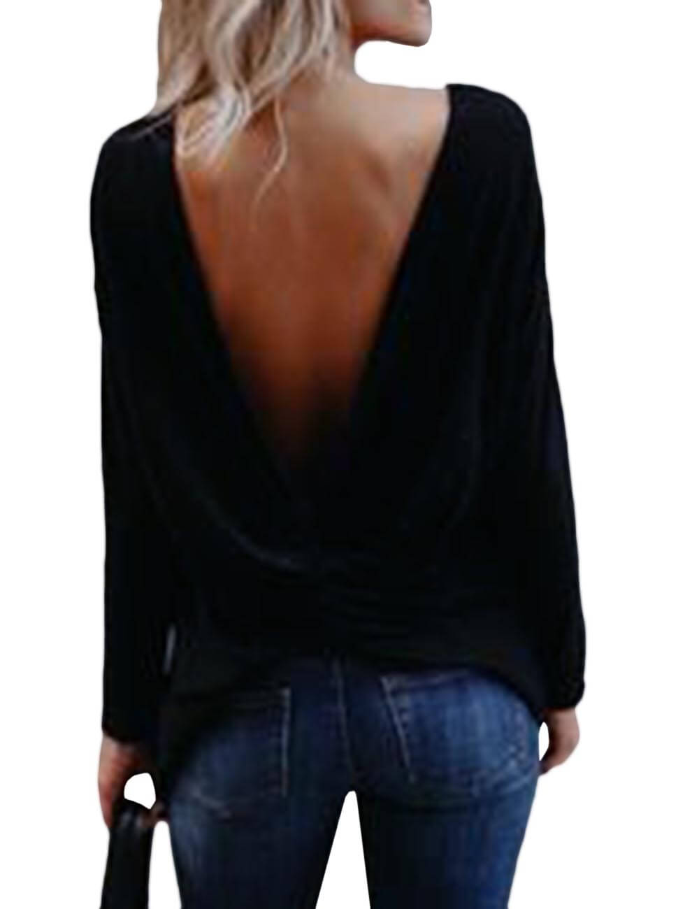  Women Sexy Backless Criss Cross Loose Shirts Long Sleeve Round Neck Open Back Tunic Tops Blouse