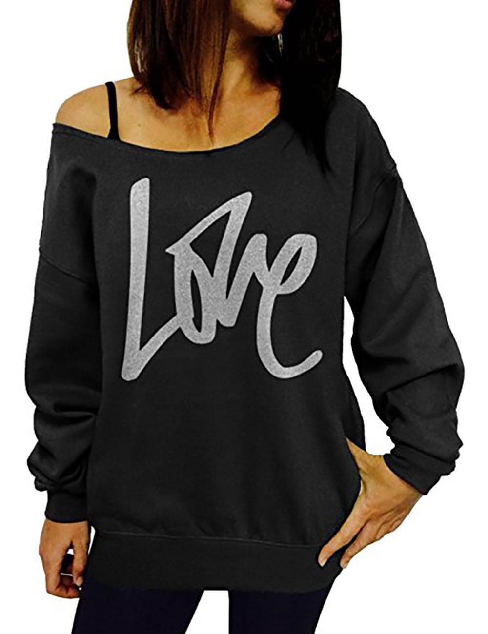  Women‘s Oversized Off Shoulder Love Letter Printed Long Sleeve Boat Neck Loose Pullover Tops Sweatshirt