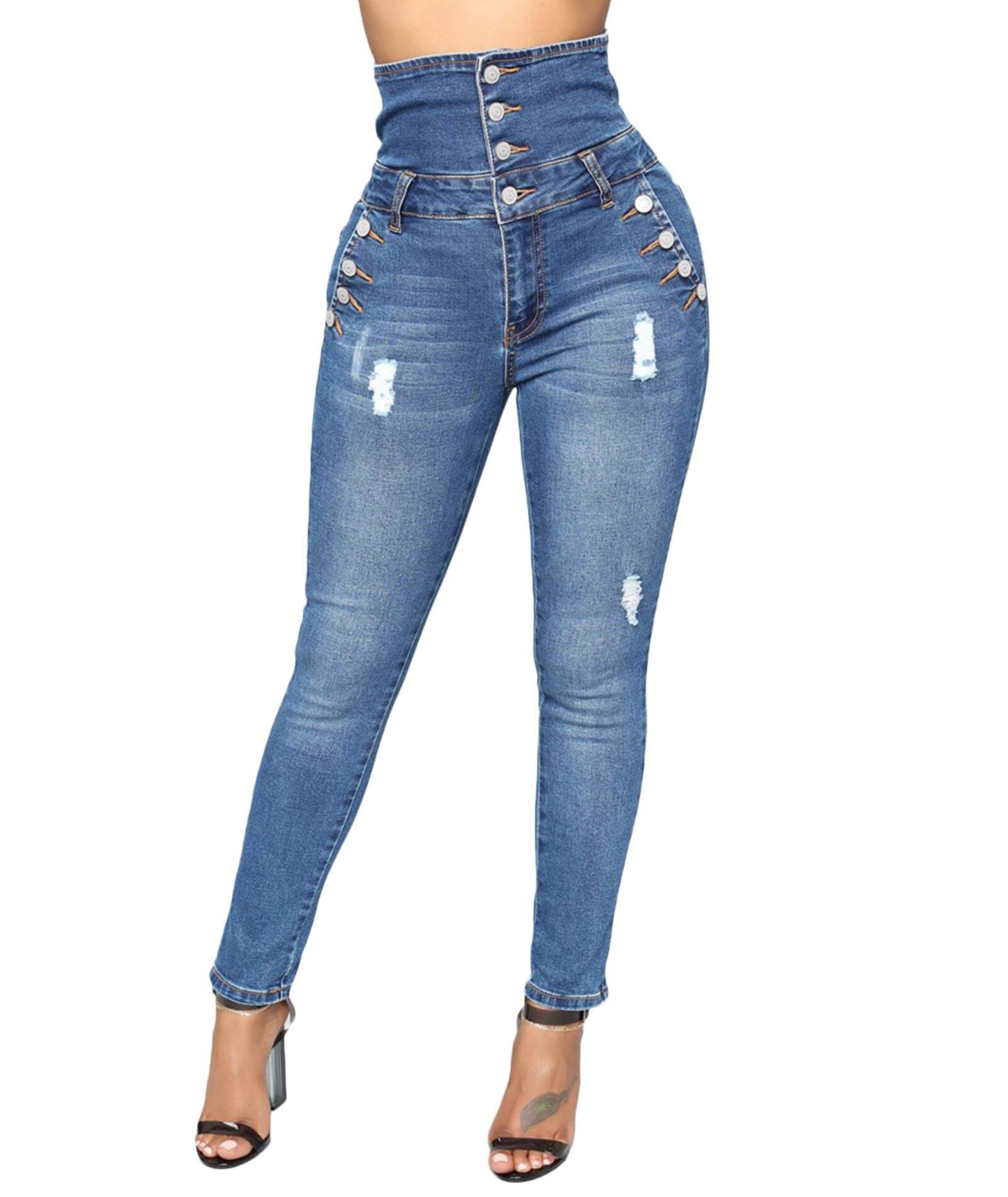  Women's High Rise Buttoned Jeans Destroyed Denim Washed Jeans Pencil Pants Cropped Pants