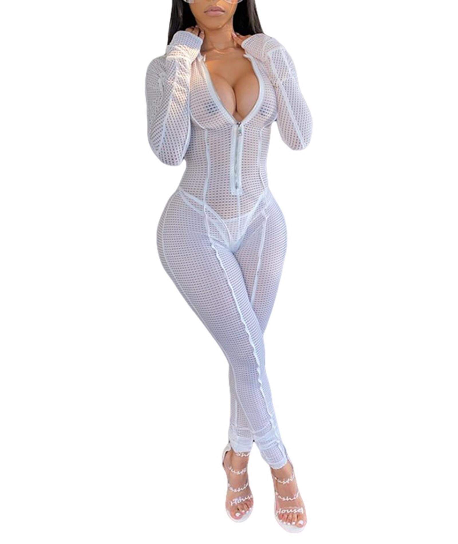NZGSTR One Piece Outfits for Women Zip Up Bodycon Jumpsuit Long Sleeve Bodysuit Sheer Mesh Skinny Pants See Through Clubwear