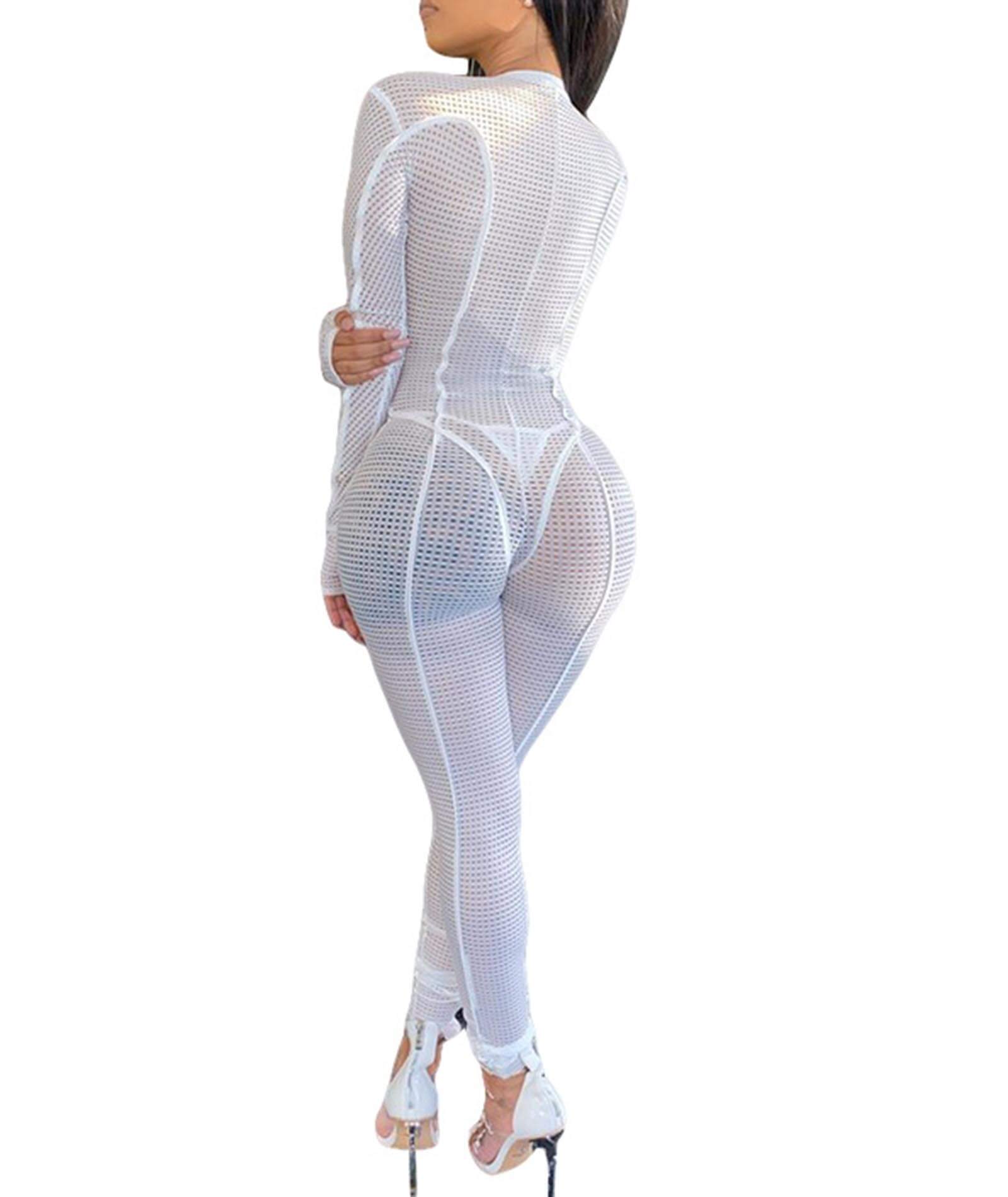 NZGSTR One Piece Outfits for Women Zip Up Bodycon Jumpsuit Long Sleeve Bodysuit Sheer Mesh Skinny Pants See Through Clubwear