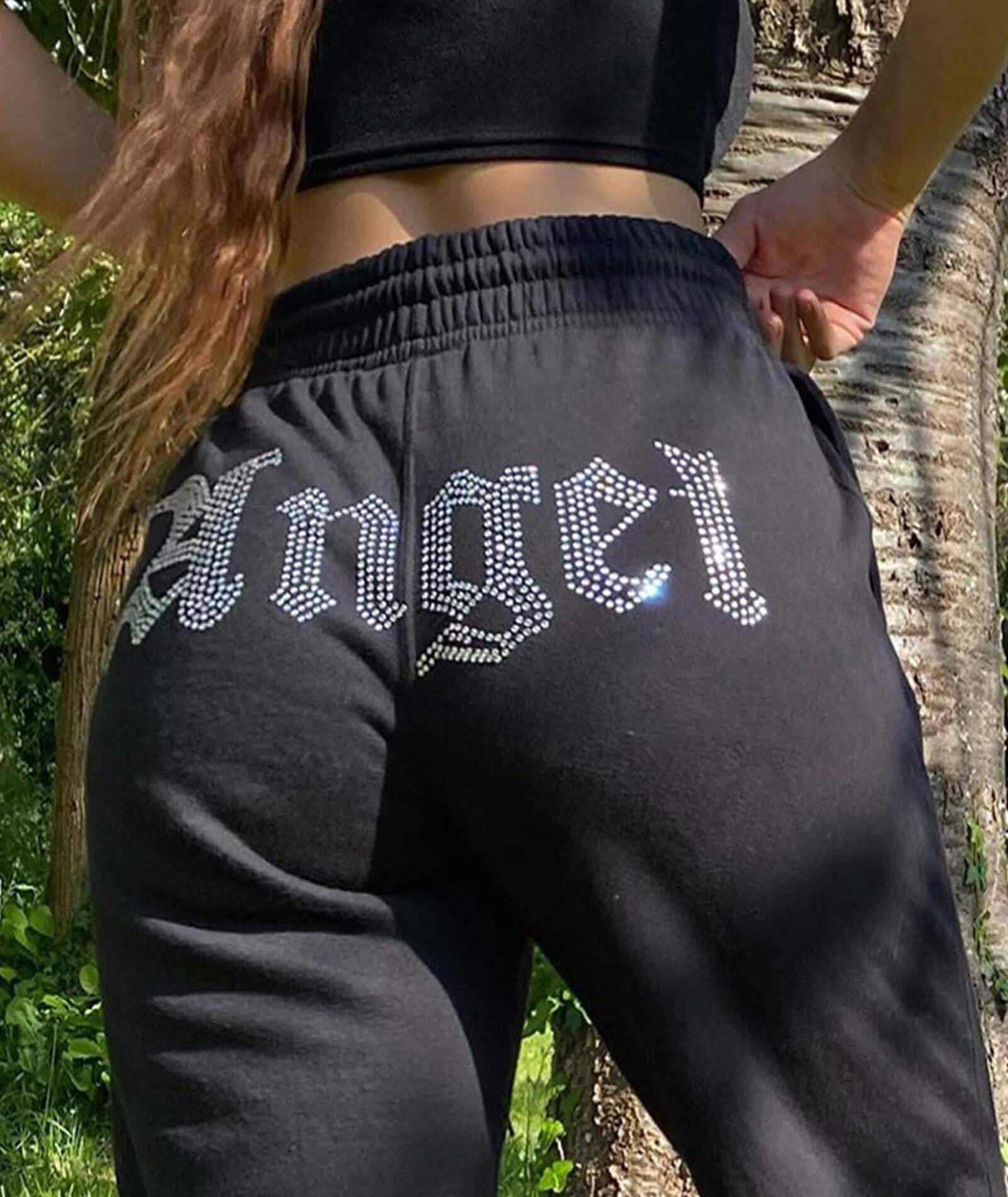 Women's Angel Rhinestone Sweatpants High Elastic Waist Hip Hop Jogger Pants Street Wear Sportpants