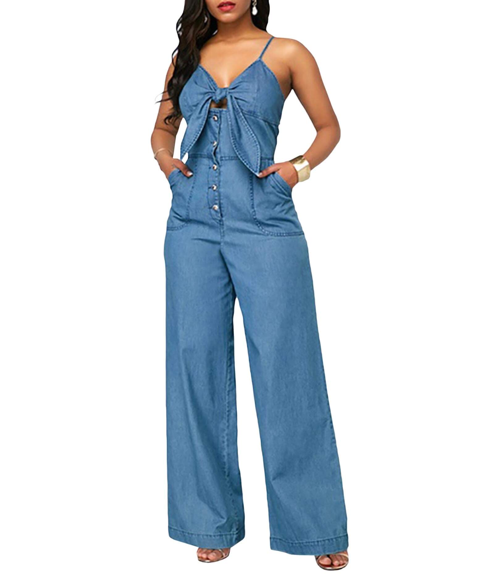  Women's Spaghetti Strap Wide Leg Denim Blue Long Jumpsuit Playsuit Rompers(9277LB,S)