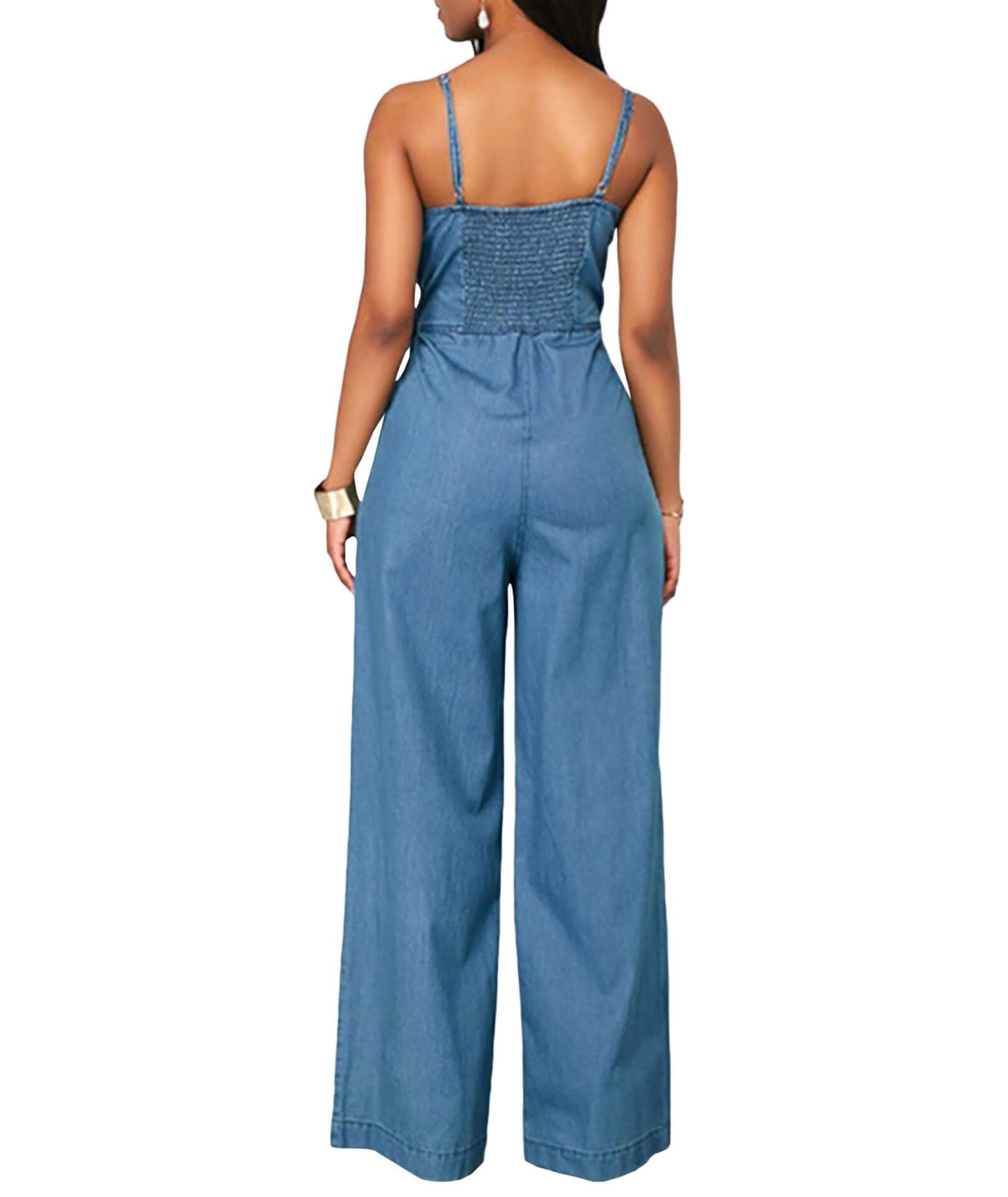  Women's Spaghetti Strap Wide Leg Denim Blue Long Jumpsuit Playsuit Rompers(9277LB,S)