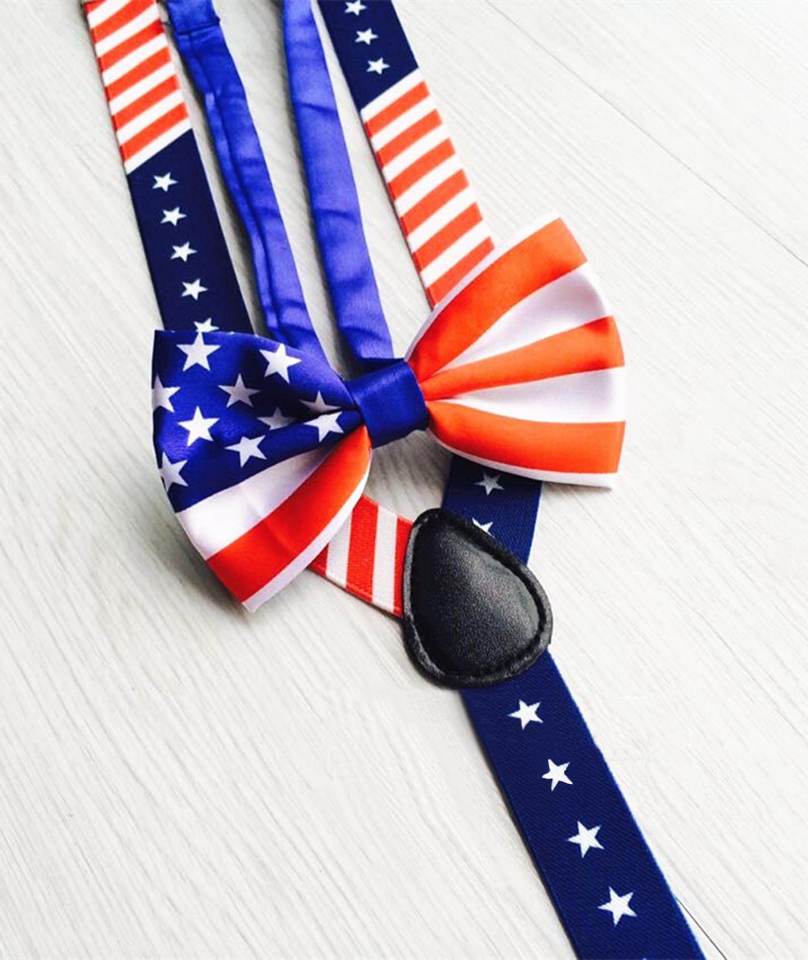  Men's PATRIOTIC USA Flag 2 in 1 Suspenders and Bow Tie Adjustable Elastic X Band Suspenders & Bowtie Set