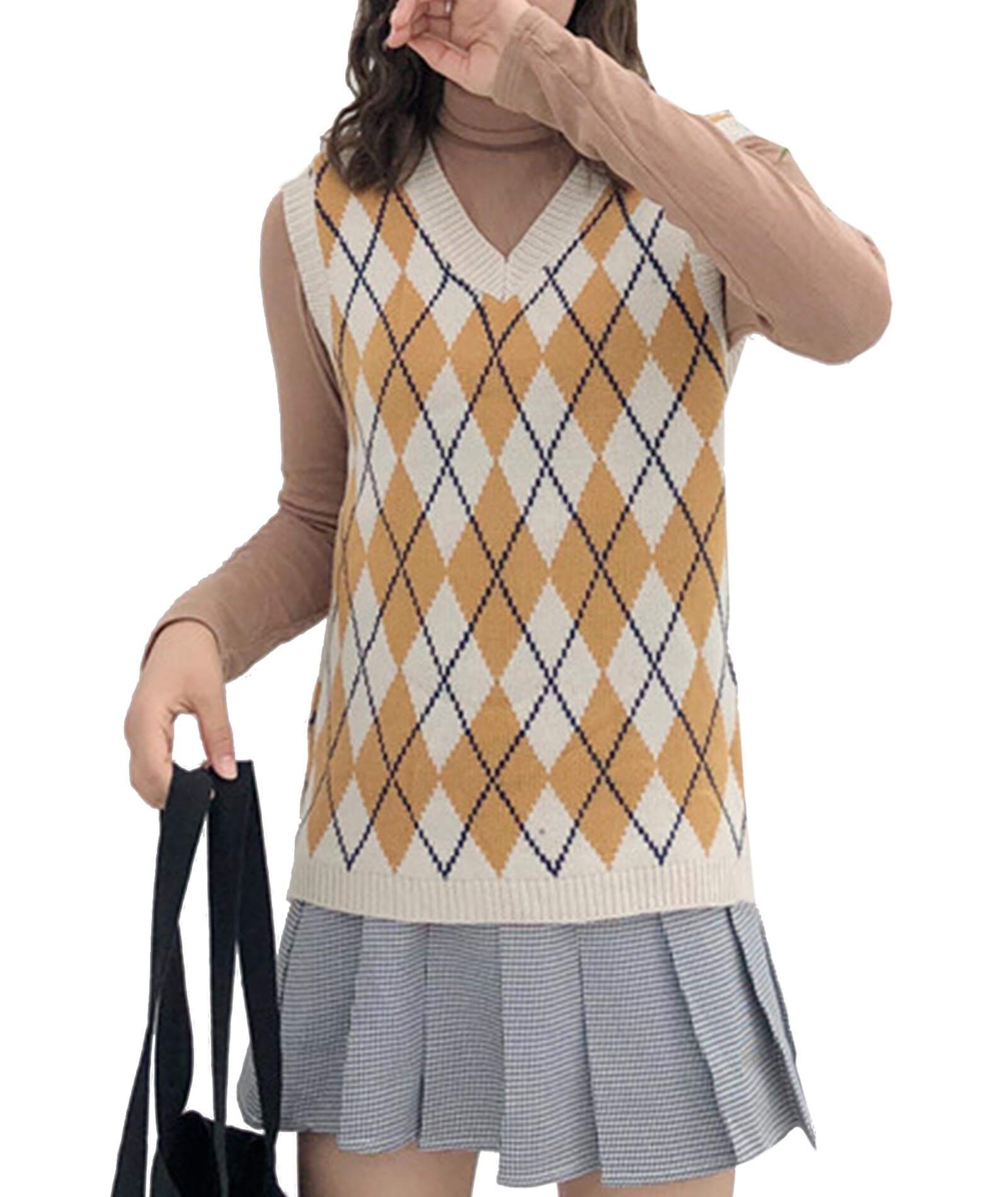  Women‘s Streetwear Preppy Style Knitwear Tank Top V Neck Argyle Plaid Knitted Sweater Vest