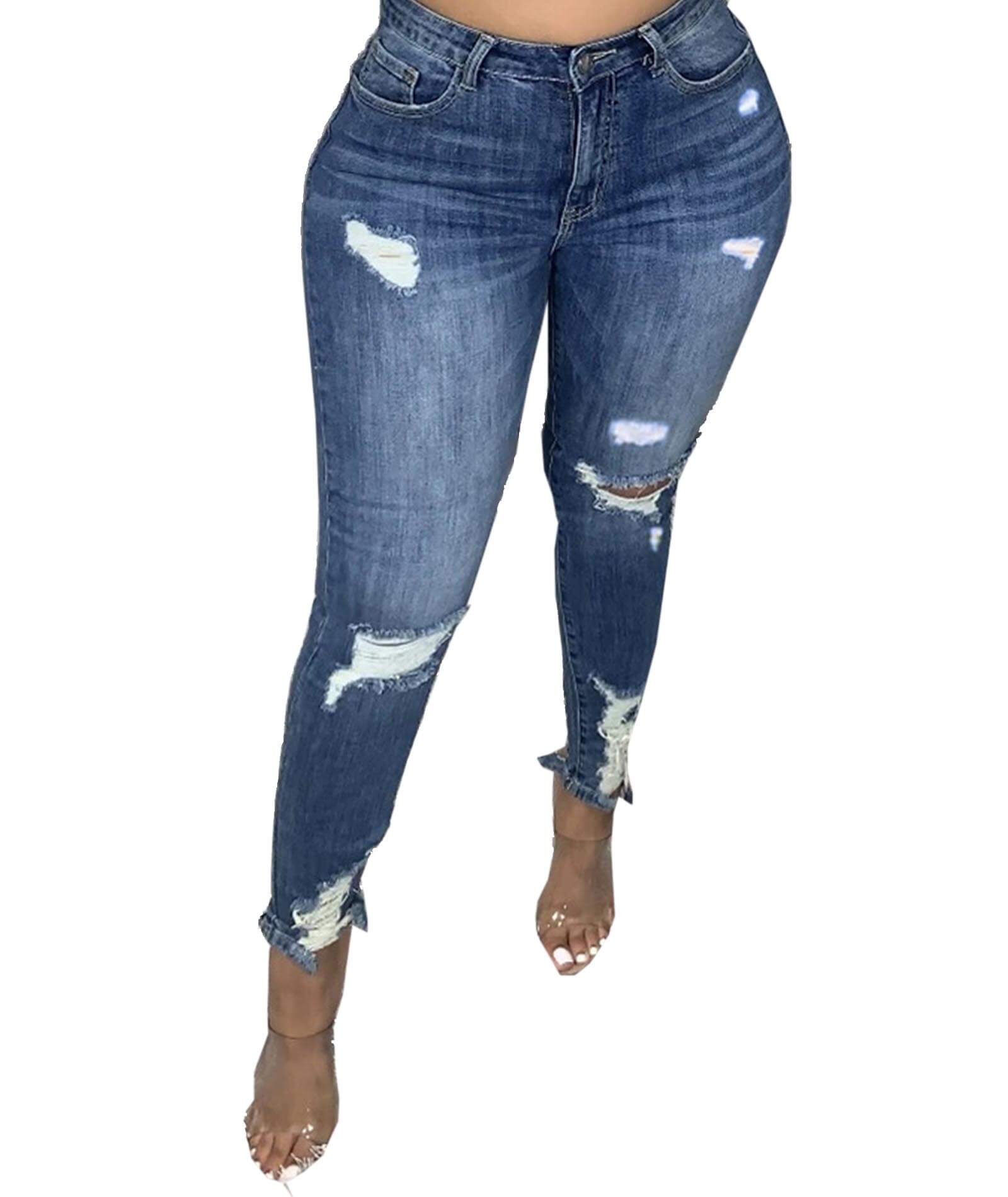  Women's Casual Skinny Distressed Ripped Hole Denim Pants Long Stretch Pencil Jeans