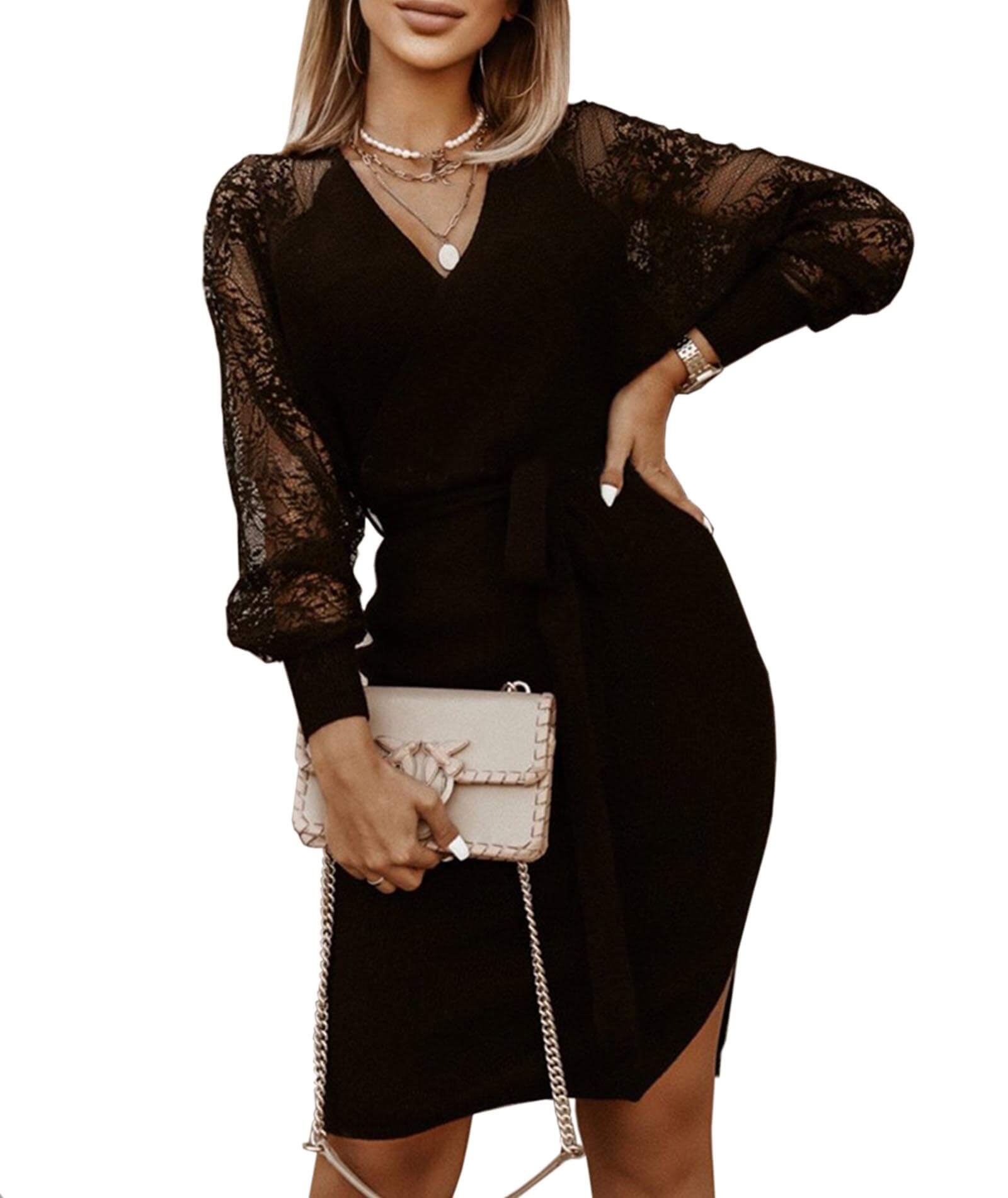  Women's Sweater Dresses Sexy V Neck Lace Patchwork Long Sleeves Bodycon Wrap Dress with Belt
