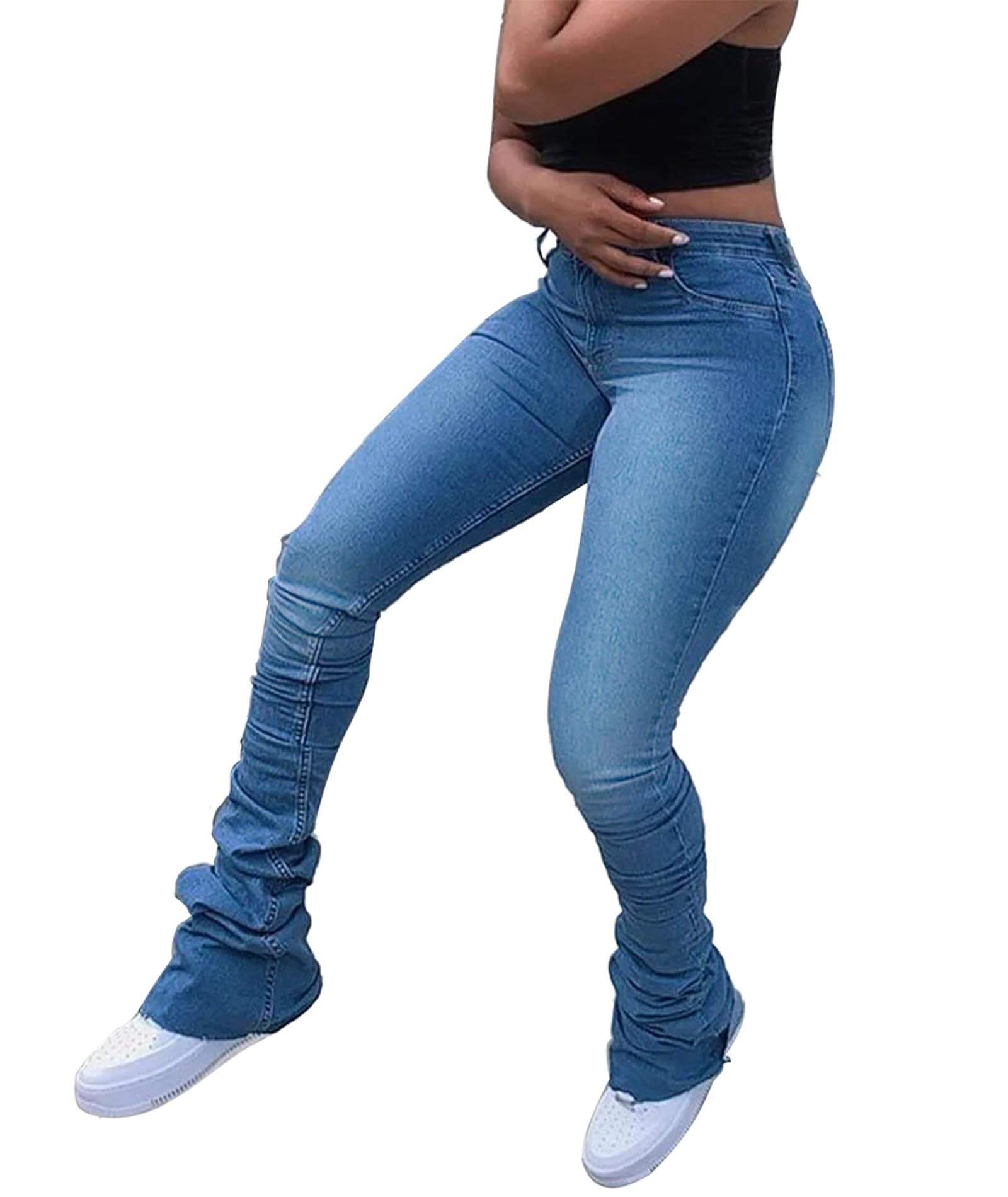  Women's Stacked Denim Pants High Waisted Bell Bottom Pants Ruched Jeans Butt Lifting Trousers with Pockets