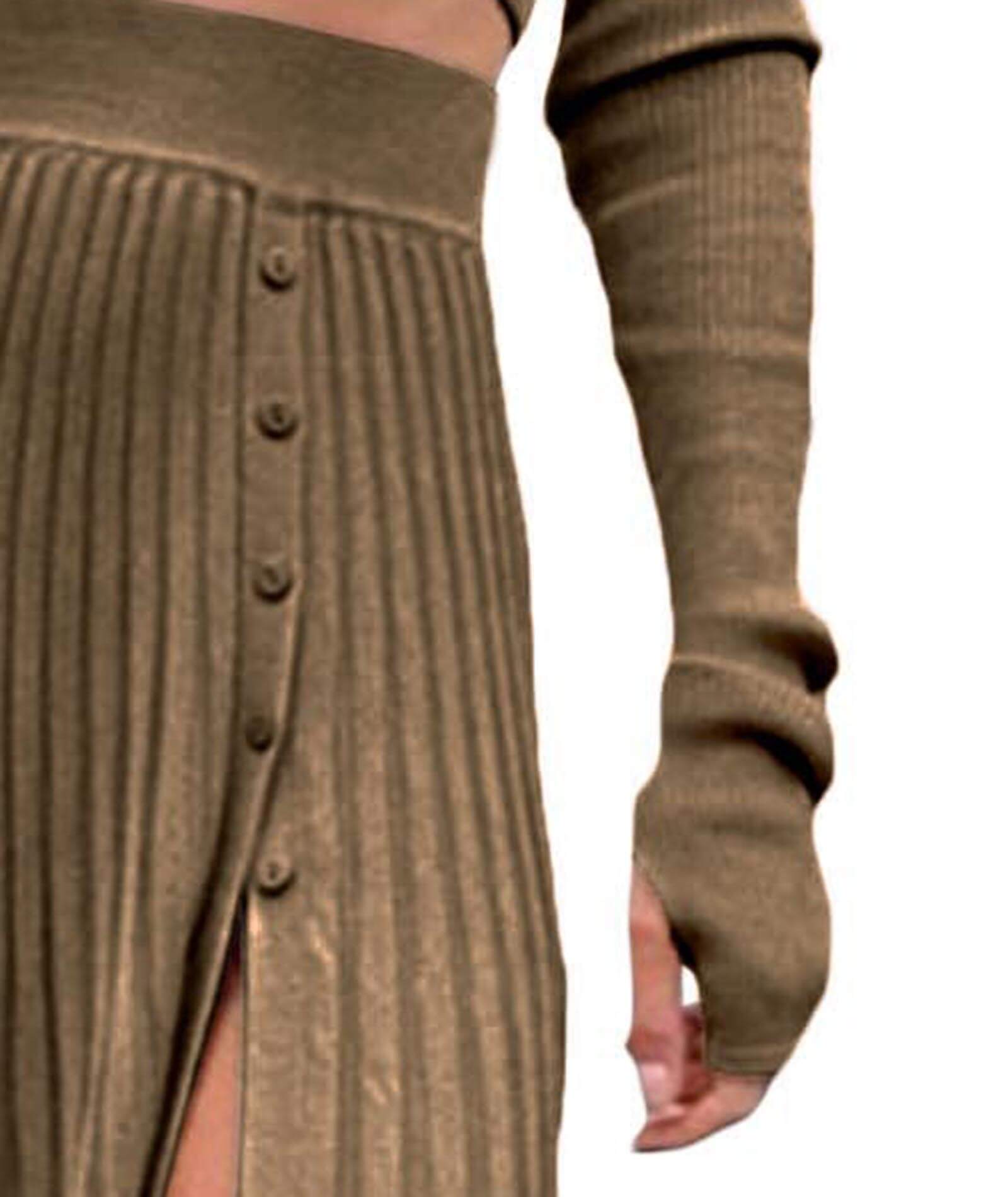  Women's 2 Peice Skirts Sets Knitted Cropped Cashmere Sweater Pullover Tops and High Waist Pleated Split Midi Skirt