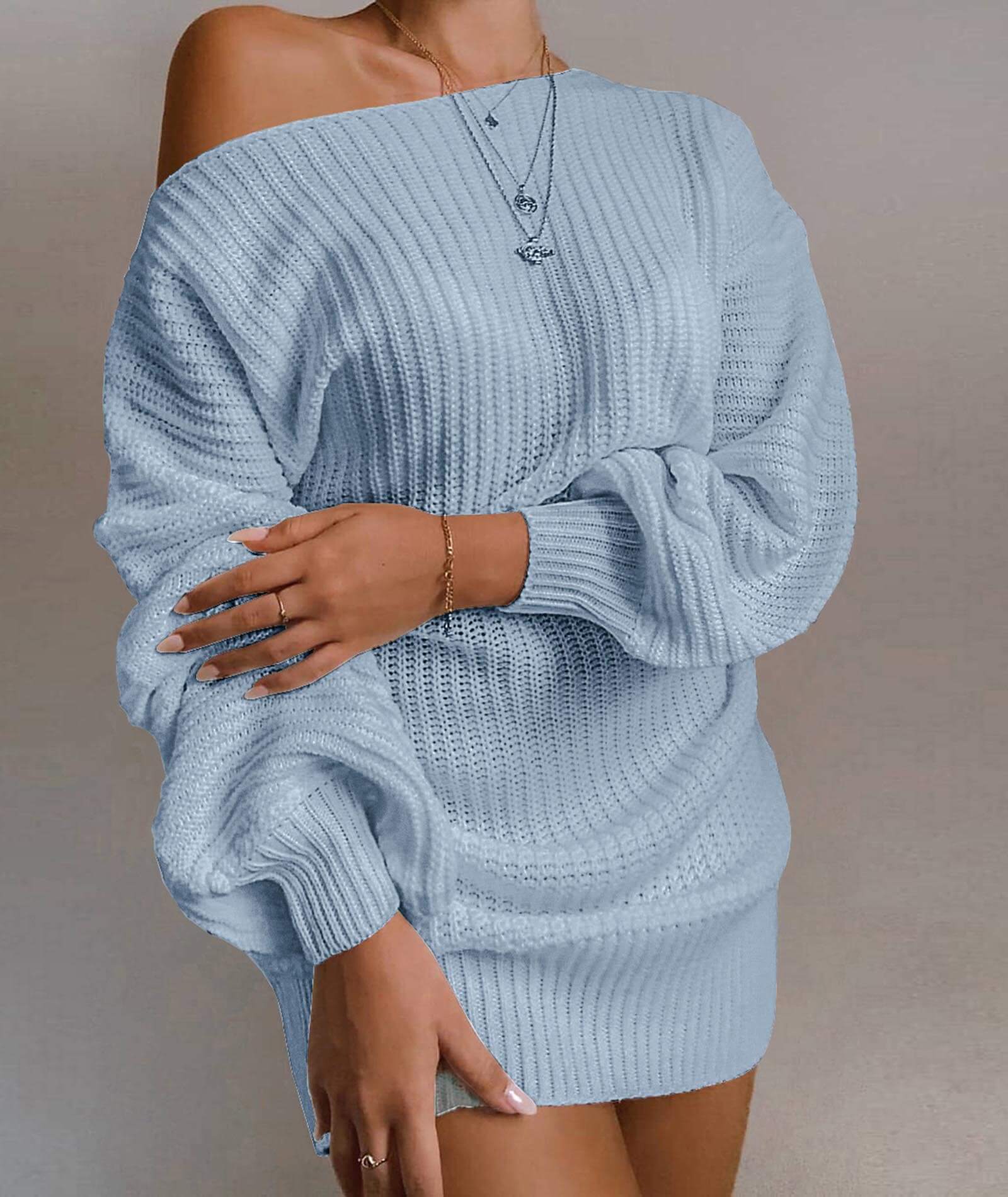  Women's Casual Oversized Off Shoulder Sweater Dresses Long Batwing Sleeve Chunky Pullover Jumper Tops