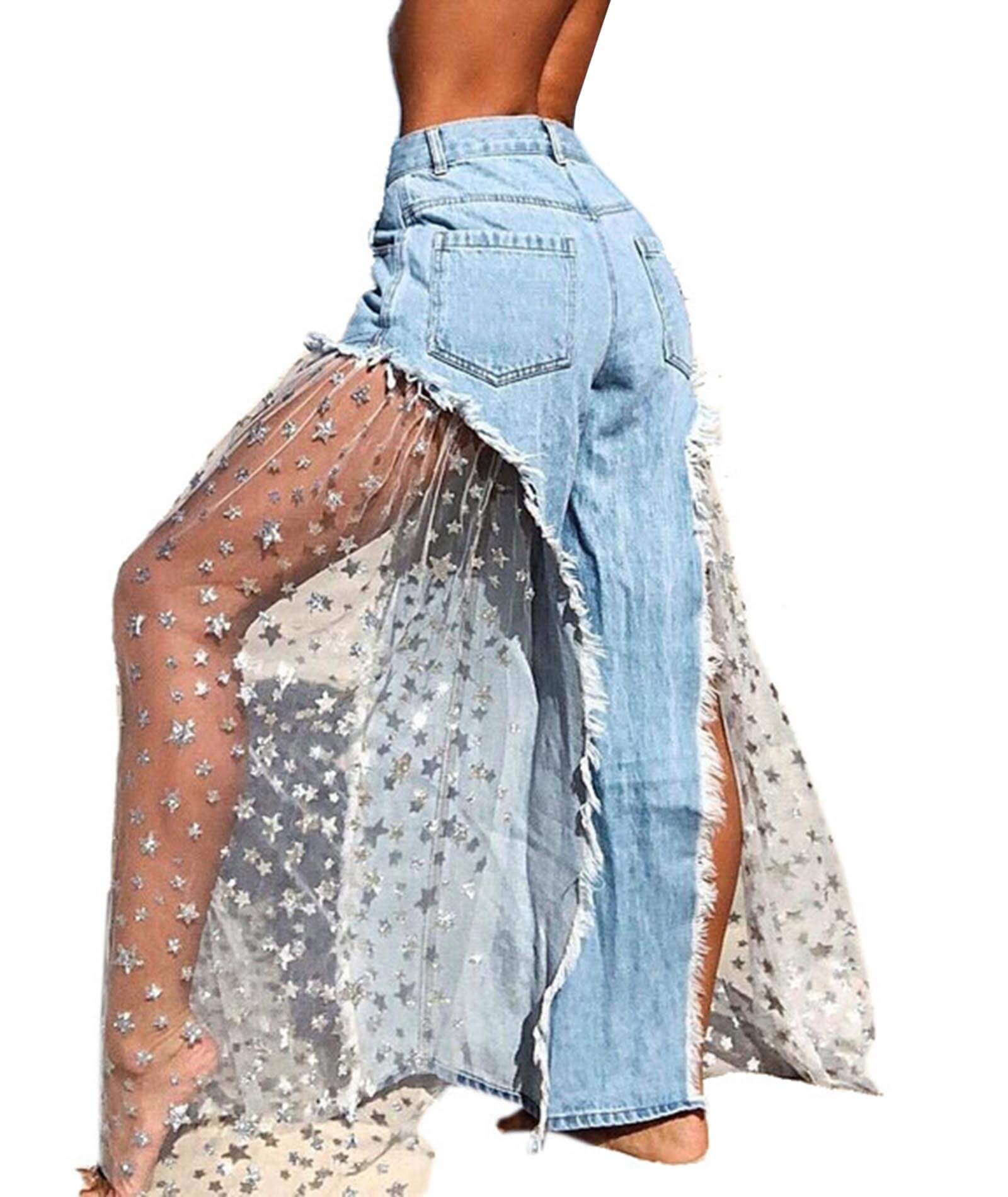  Women‘s Star Print Mesh Wide Leg Jeans Pants Patchwork Demin Jeans High Waist Transparent Trousers