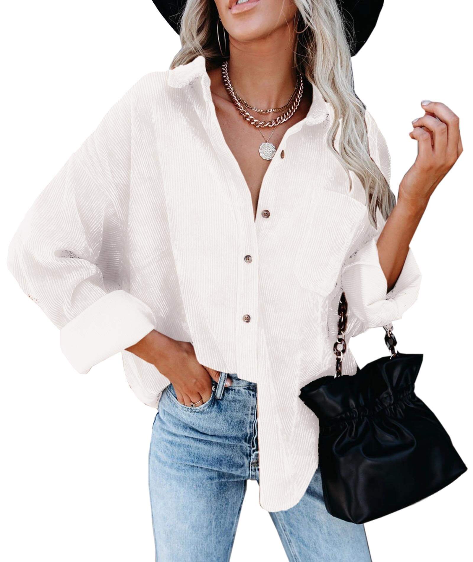  Women's Corduroy Blouse Top Long Sleeve Casual Cotton Chest Pocket Oversized Button Down Shirt Jacket