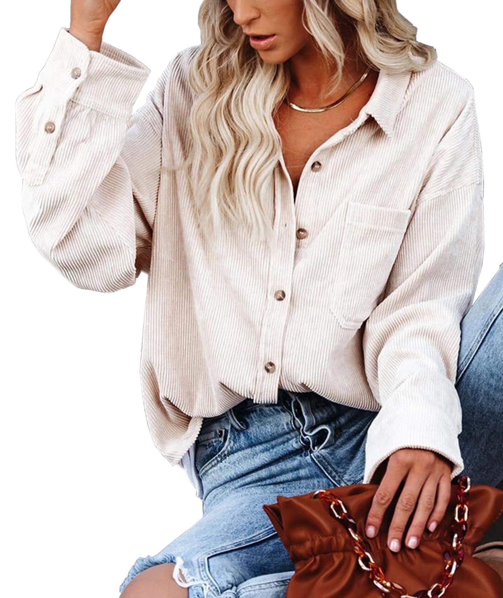  Women's Corduroy Blouse Top Long Sleeve Casual Cotton Chest Pocket Oversized Button Down Shirt Jacket