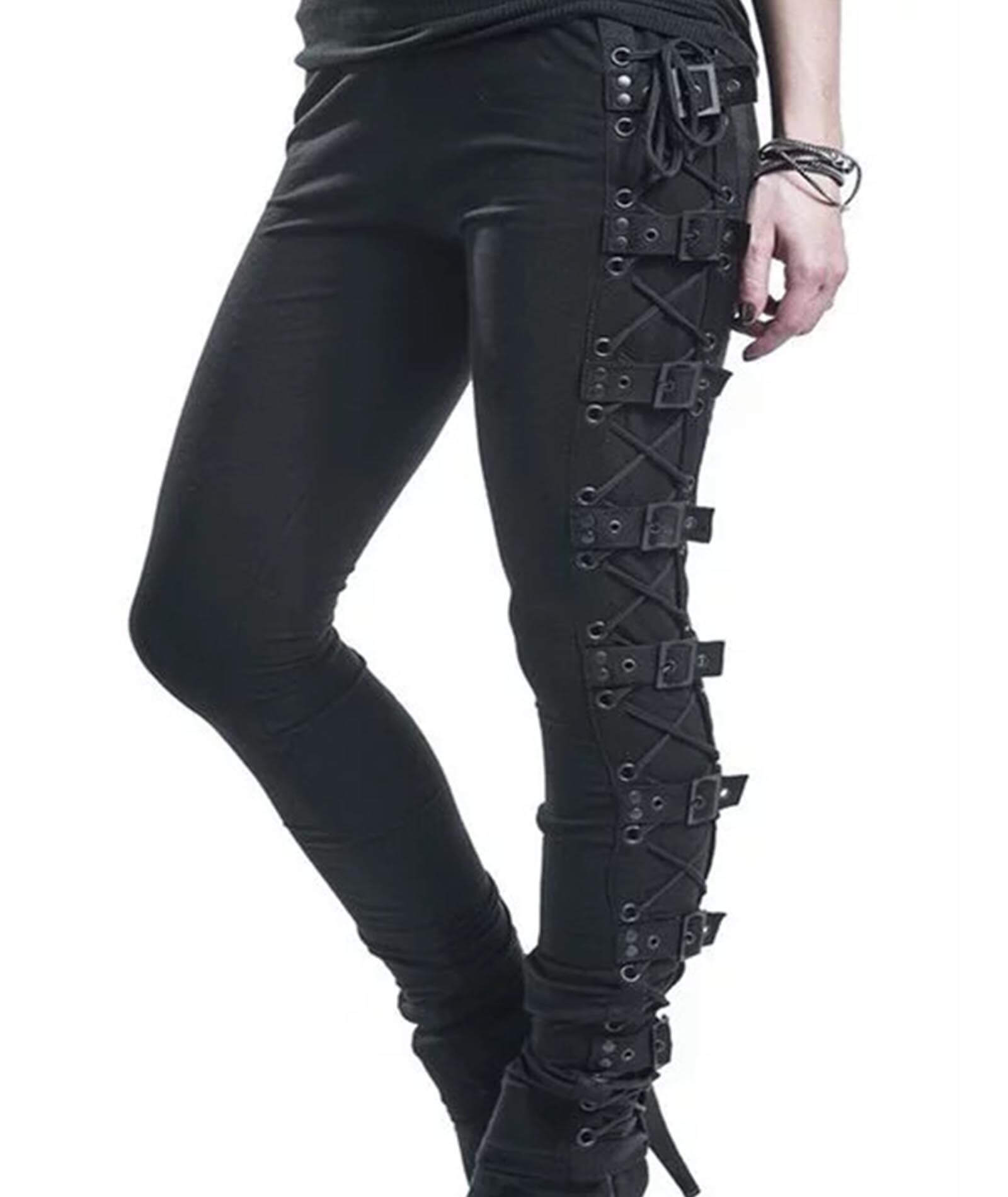  Women's Sexy Black Satin Side Lacing Solid Pants Long Bodycon High Waist Bandage Slim Thick Lace Up Leggings