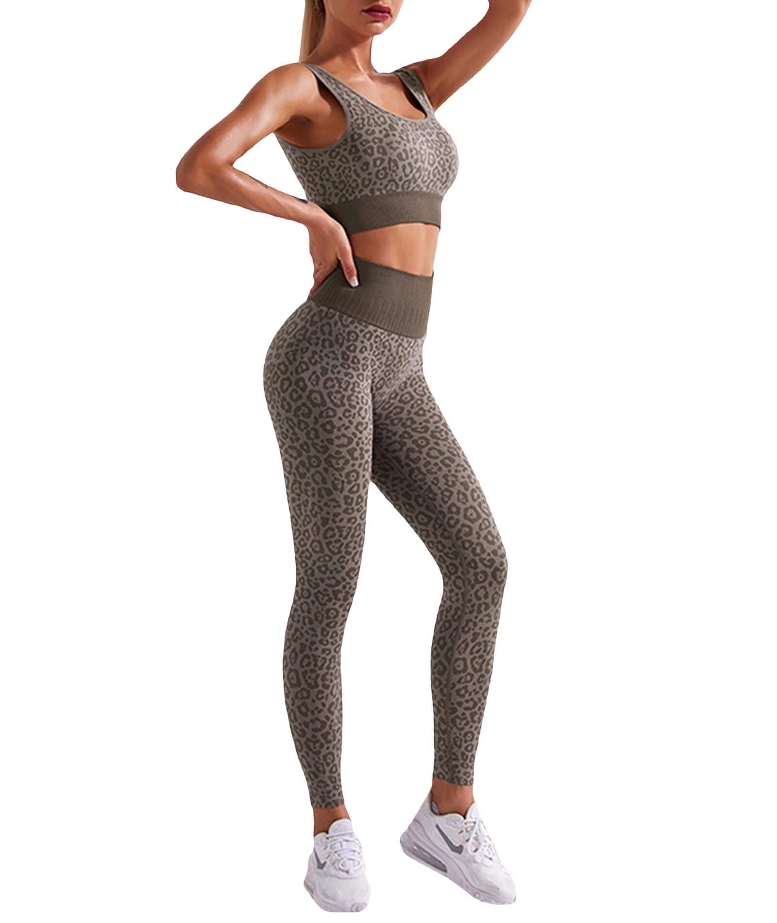  Women's Leopard Print Seamless Workout Set Animal Speckle High Impact Athletic Bra Butt Lift Sports Legging