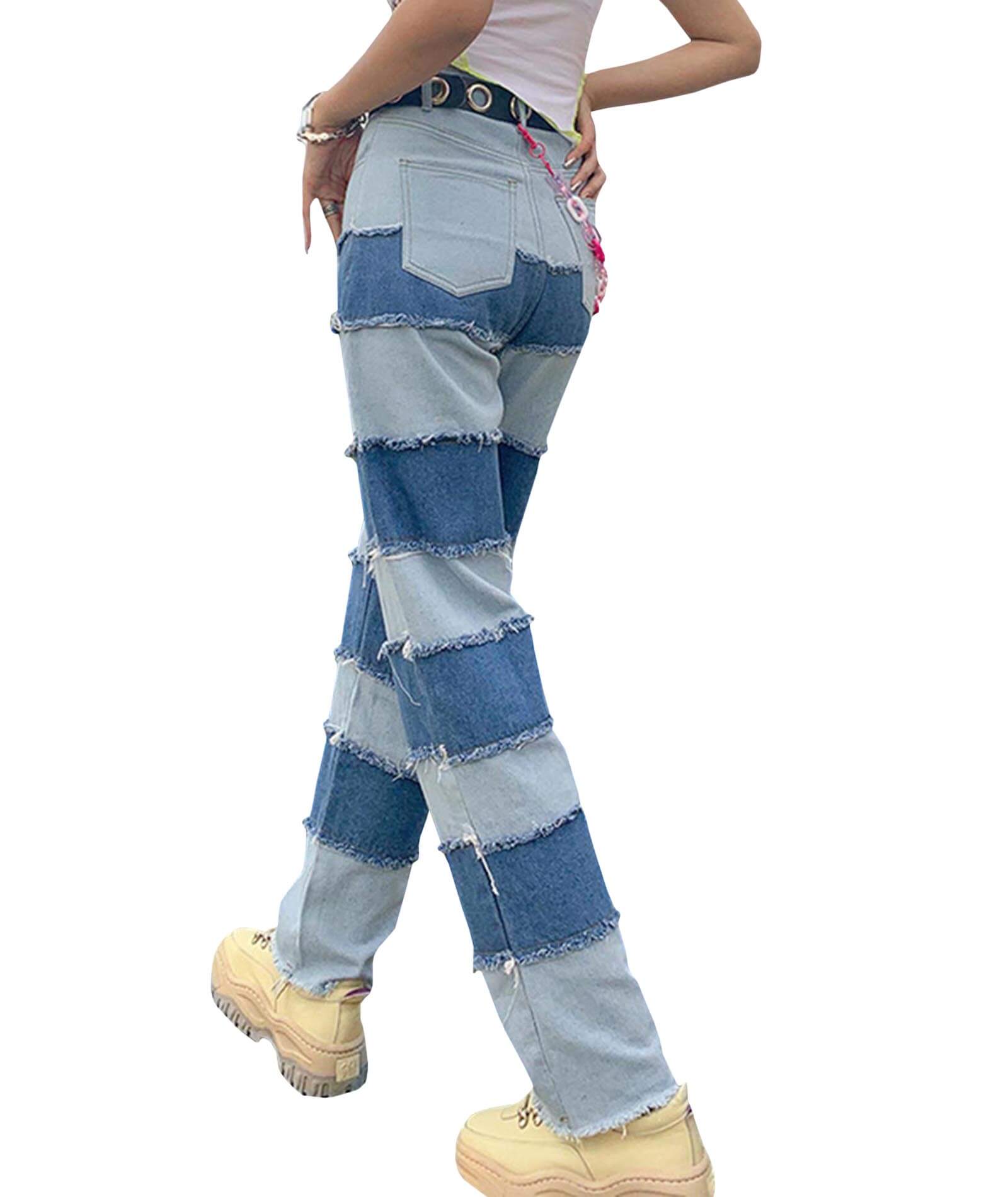  Women's High Waist Color Block Patch Denim Jeans Casual Straight Hip Hop Pants