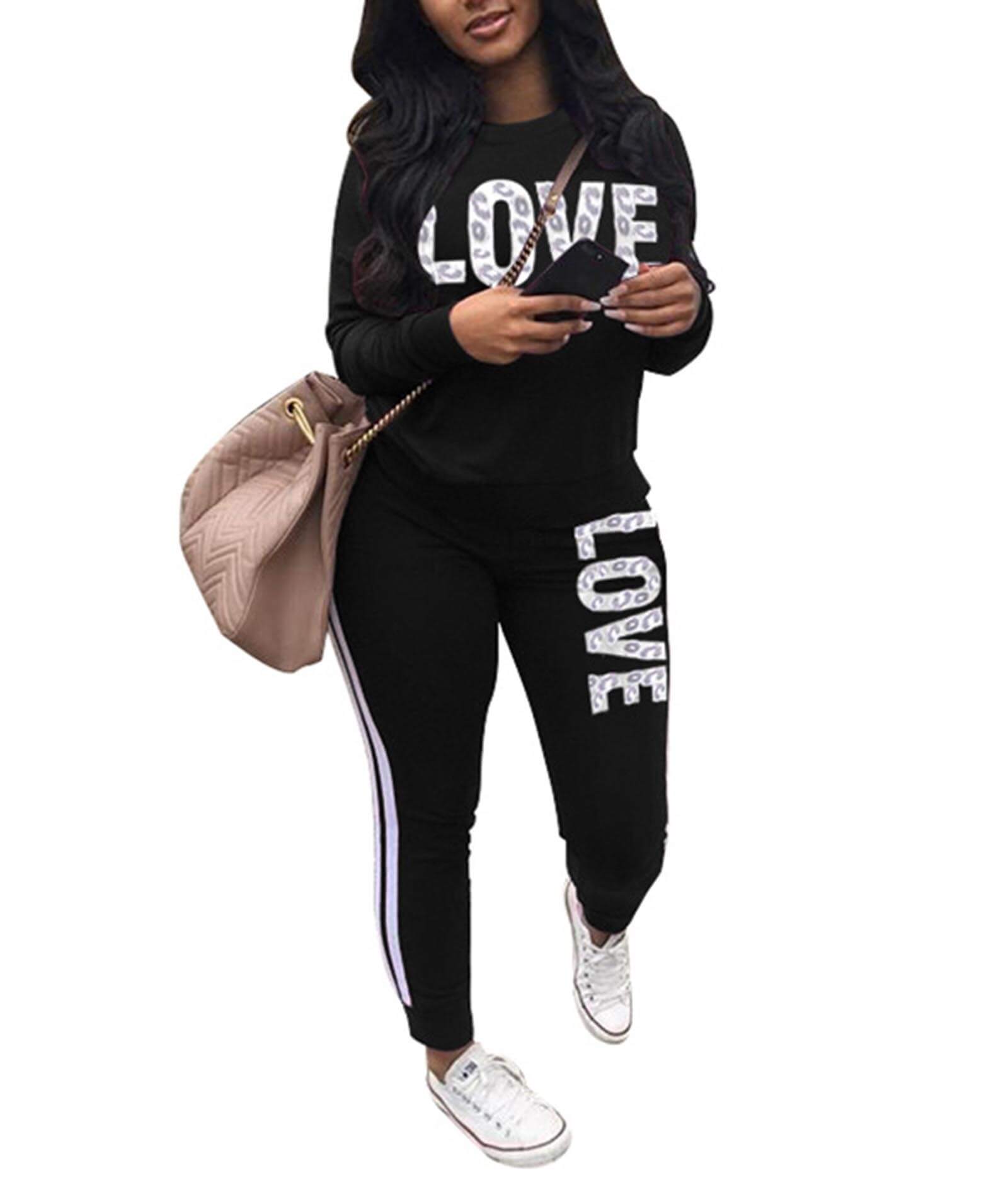  Women's Casual 2 Piece Camouflage Letter Print Outfits Pullover Sweatshirt Tops and Long Pants Tracksuits Set