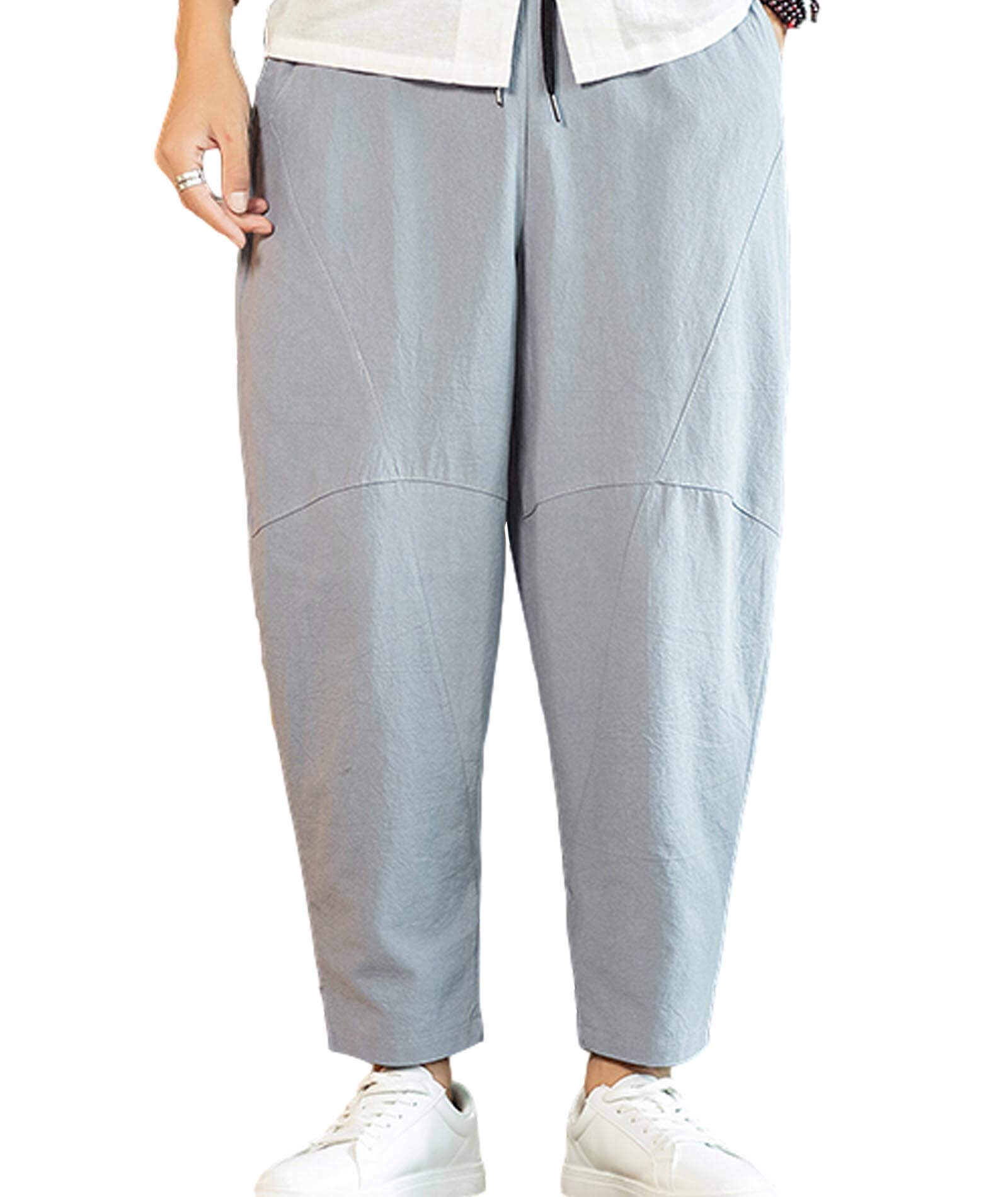  Men's Loose Plus Cotton Linen Summer Breathable Casual Cropped Pants Solid Drawstring Sweatpants Joggers