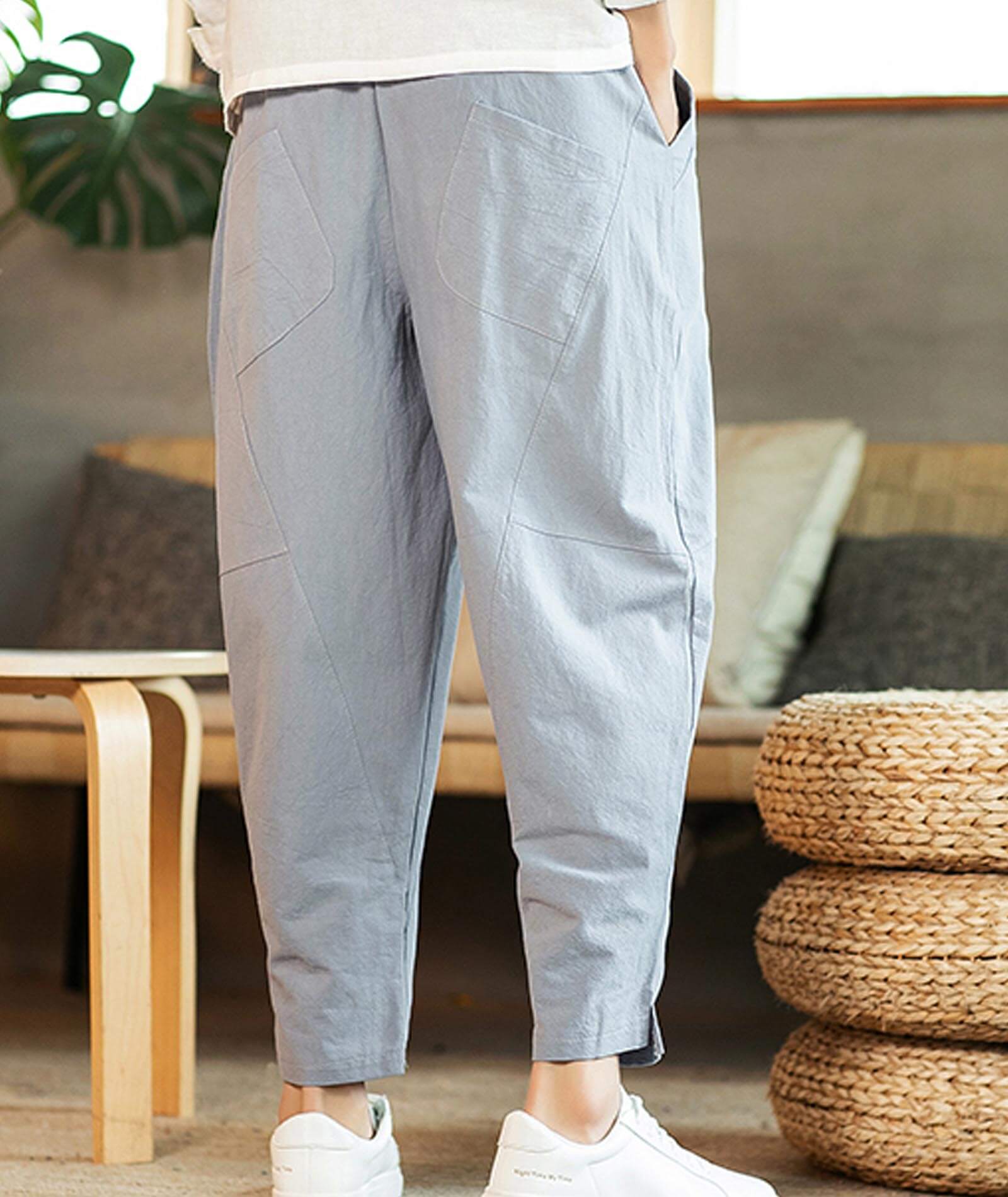  Men's Loose Plus Cotton Linen Summer Breathable Casual Cropped Pants Solid Drawstring Sweatpants Joggers