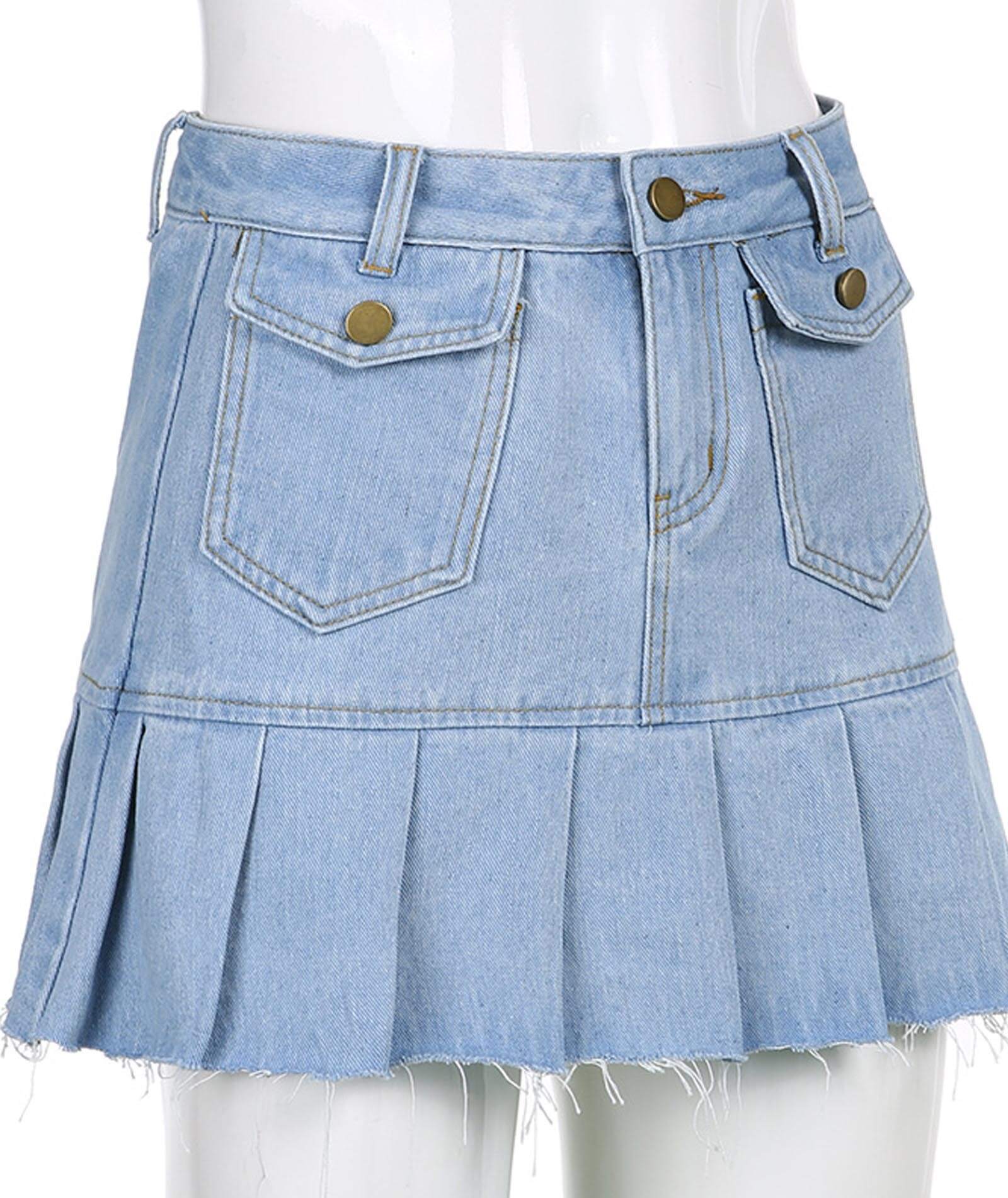  Women's Regular Fit Denim Jeans Shorts High Rise Girls Flare Pleated Dress Denim Mini Skirt
