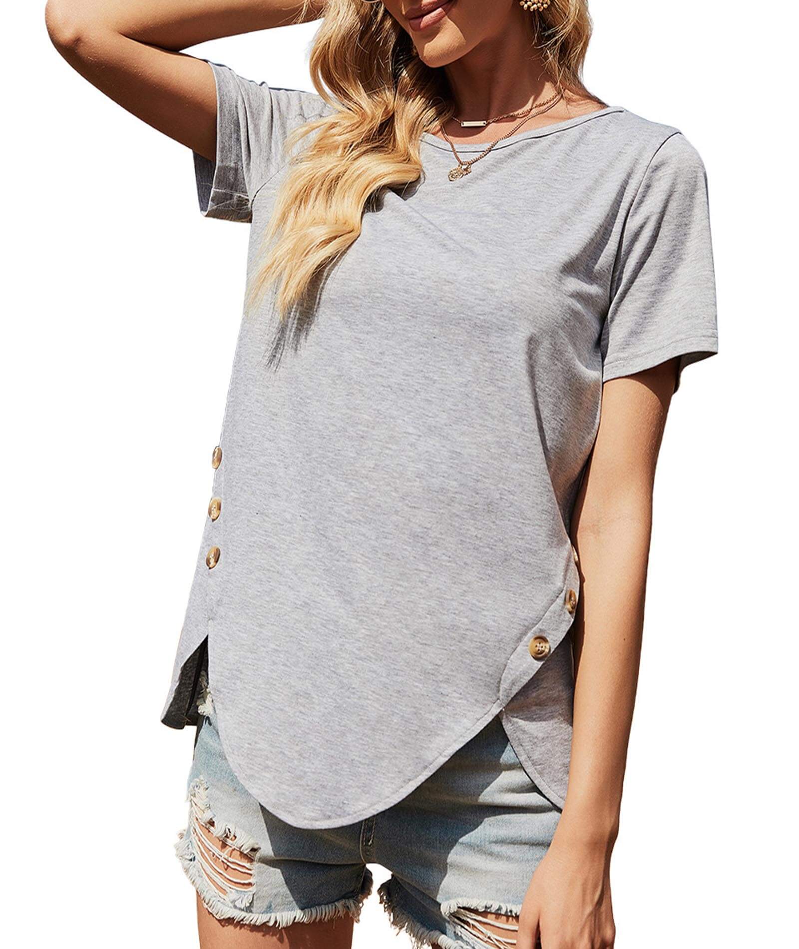  Women's Casual Irregular Tulip Hem T Shirts Round Neck Short Sleeve Tunic Tops Side Button Solid Loose Tee Blouses