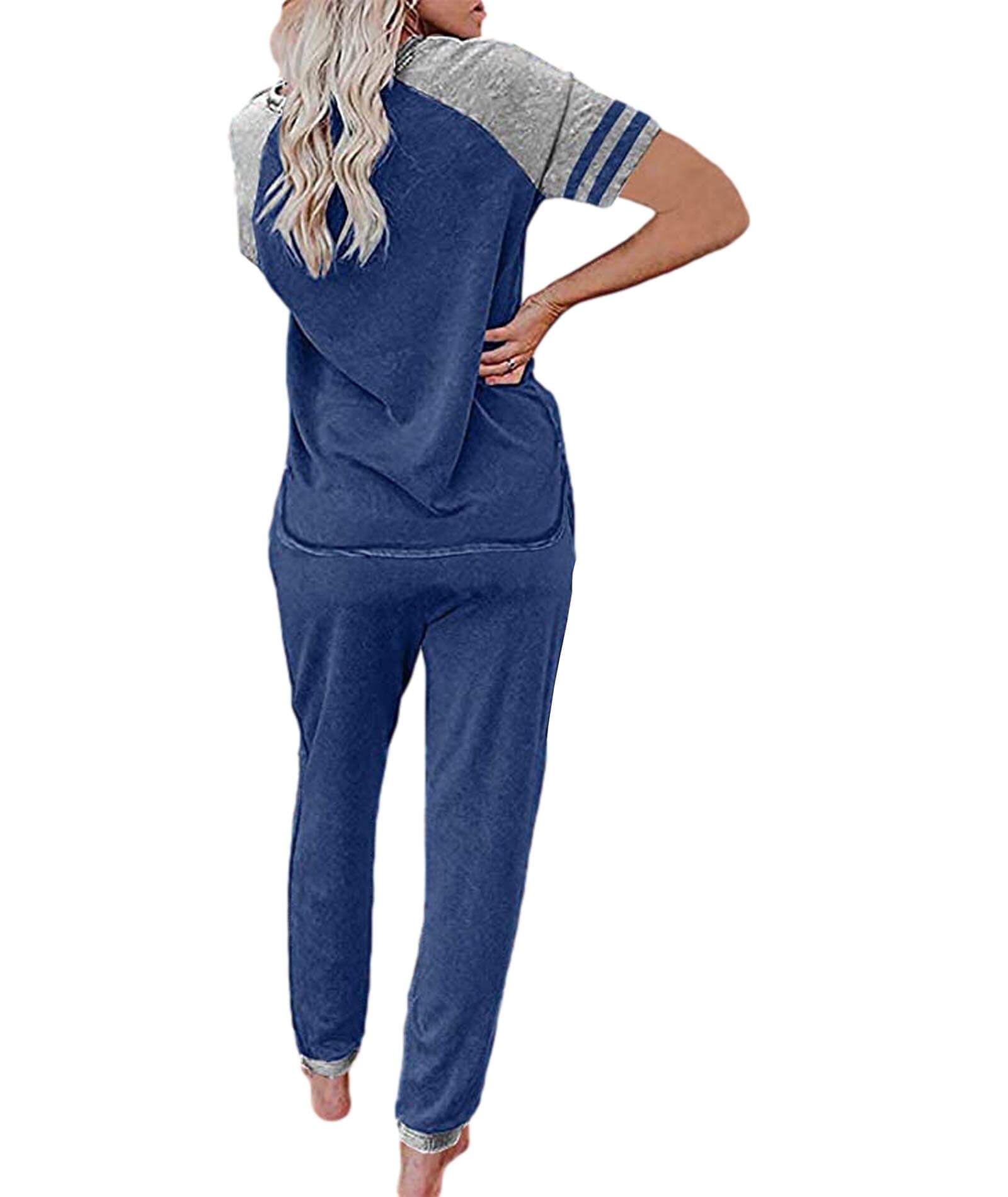  Women's Comfy Striped Letter Graphic Top Pants Sweatsuit Set Short Sleeves Sports Casual Shirts Sweatpants Suits