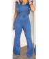 Sexyshine Women's Ruffled Sleeveless Backless Wide Leg Denim Blue Long Jumpsuit Playsuit Rompers
