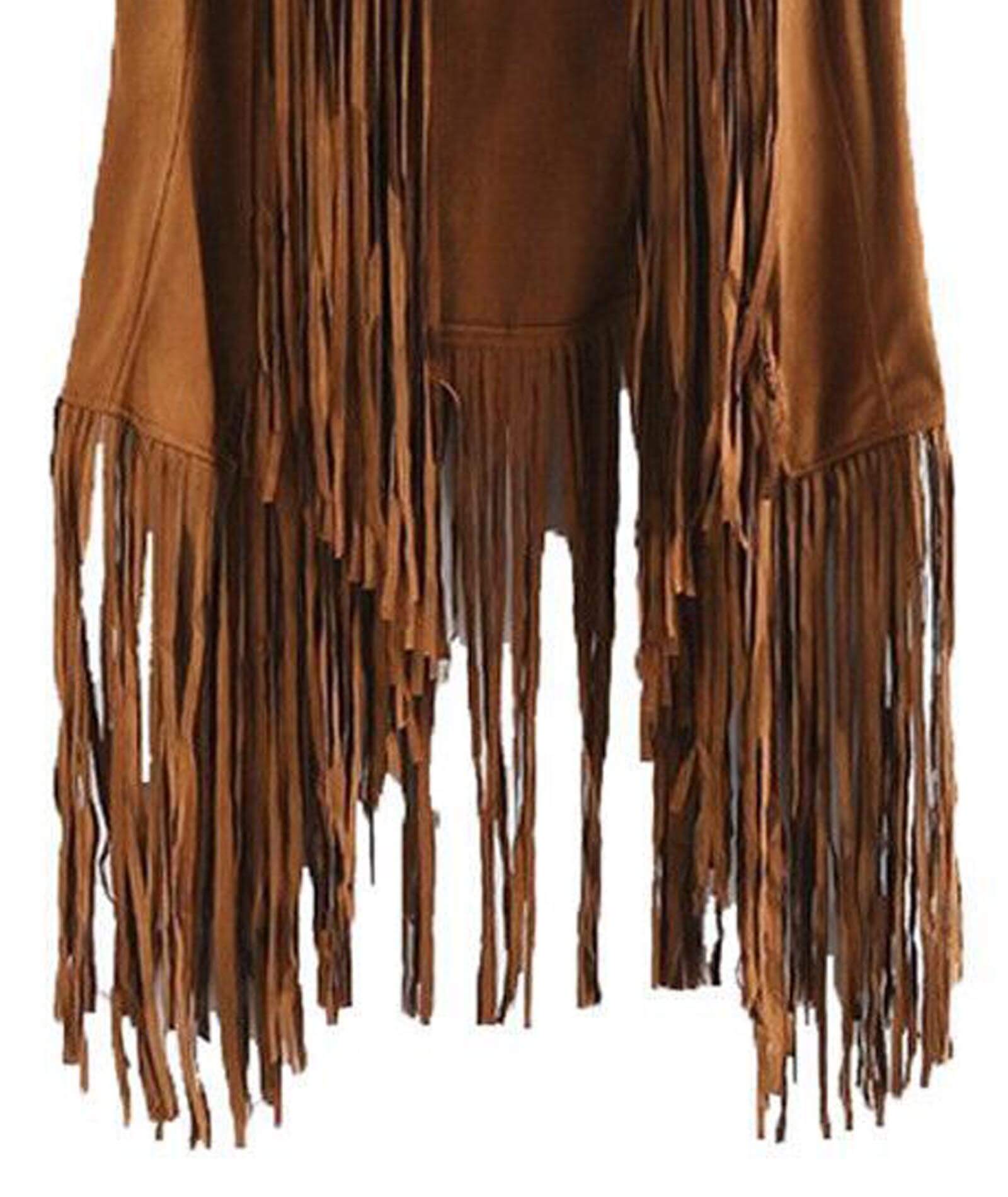  Women's Faux Suede Ethnic Cardigan Sleeveless Open Front Tassels Fringed Vest 70s Hippie Vintage Western Jackets