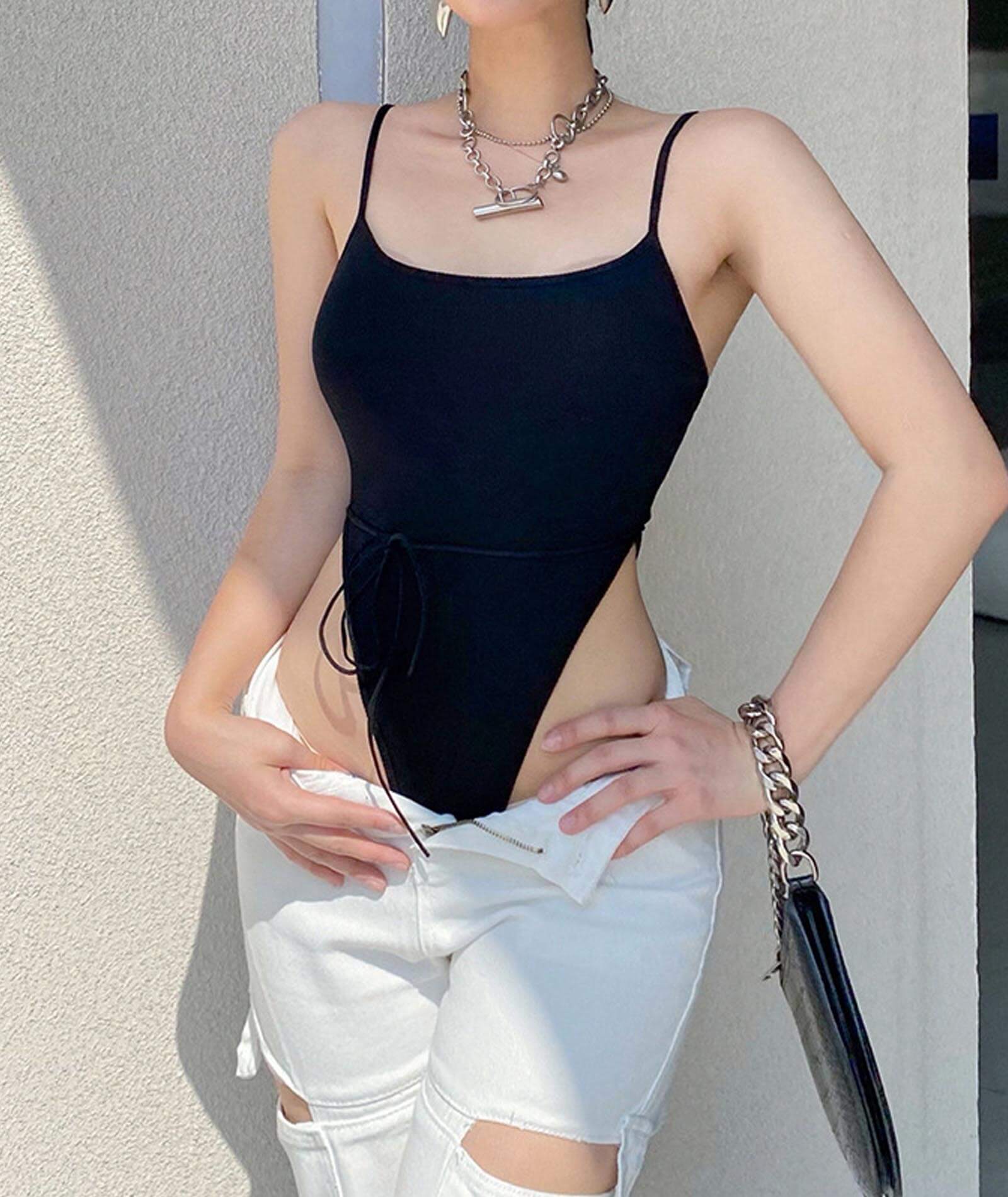  Women's Lace Up Bandage Bodysuit Sleeveless Spaghetti Straps Hollow Out Tie Knot Overalls Bodycon Camisole Shirt