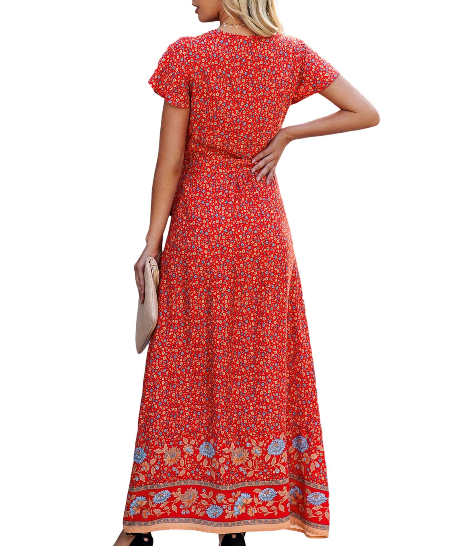  Women's Bohemian Floral Printed Wrap V Neck Short Sleeve Split Beach Party Maxi Dress