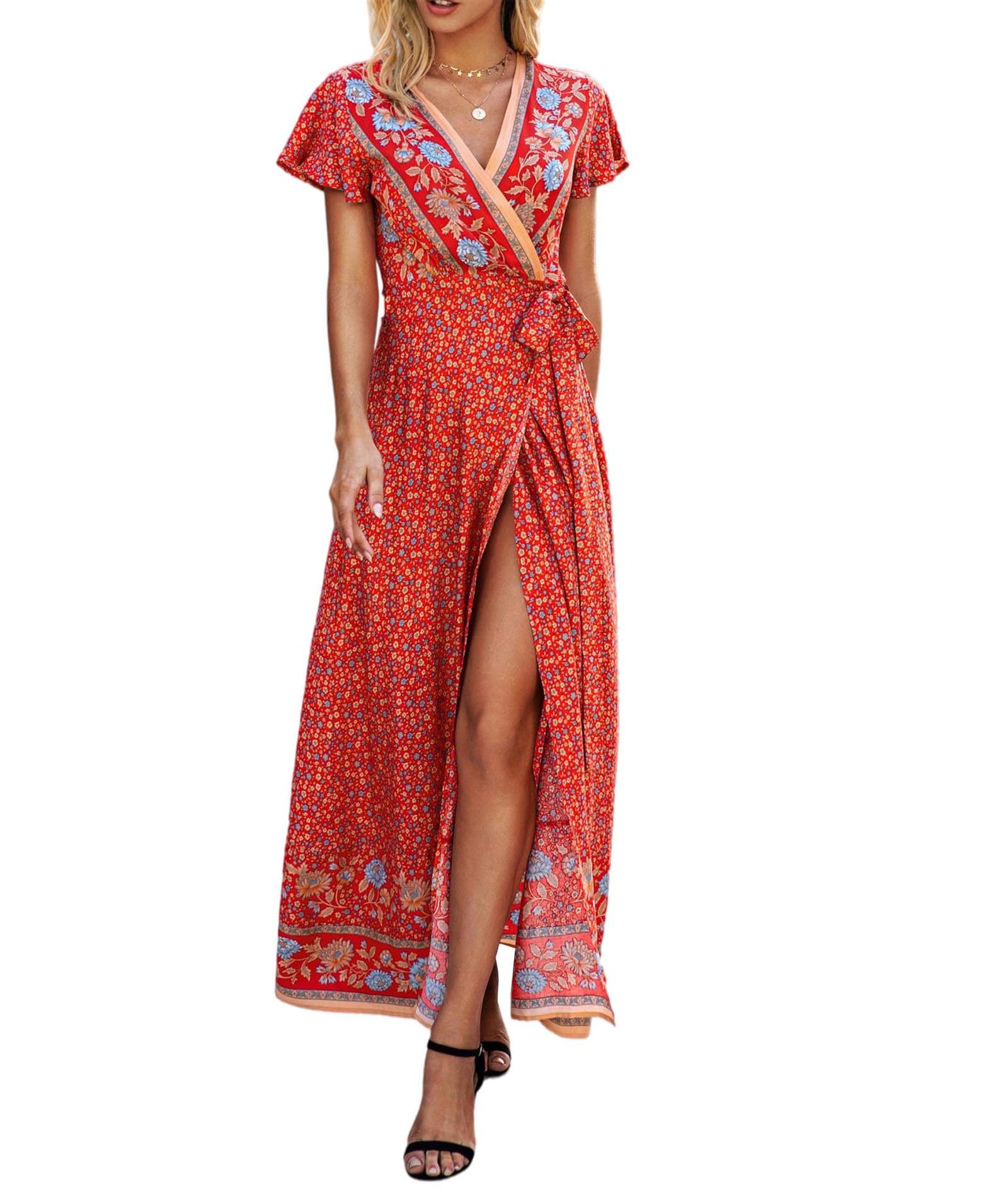  Women's Bohemian Floral Printed Wrap V Neck Short Sleeve Split Beach Party Maxi Dress