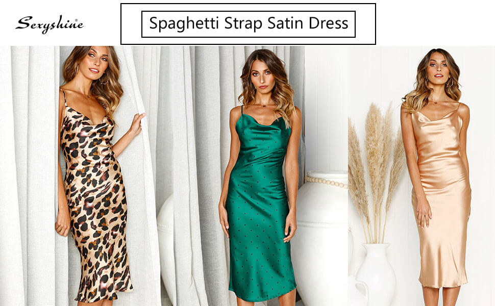 Women's Sleeveless Spaghetti Strap Satin Dress Sleepwear Cocktail Beach Evening Party Midi Dress