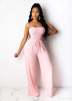 Women's Strapless Tube Top Rompers Casual Off Shoulder Solid Color Belted Wide Leg Jumpsuit with Pockets