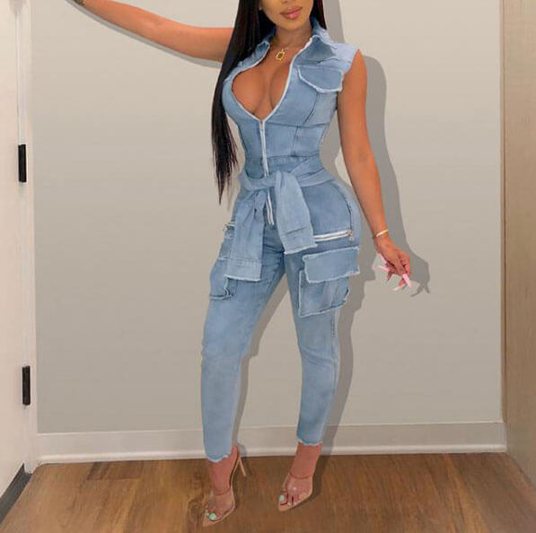 Women's Sexy Denim Jumpsuits Night Club Rompers with Pocket