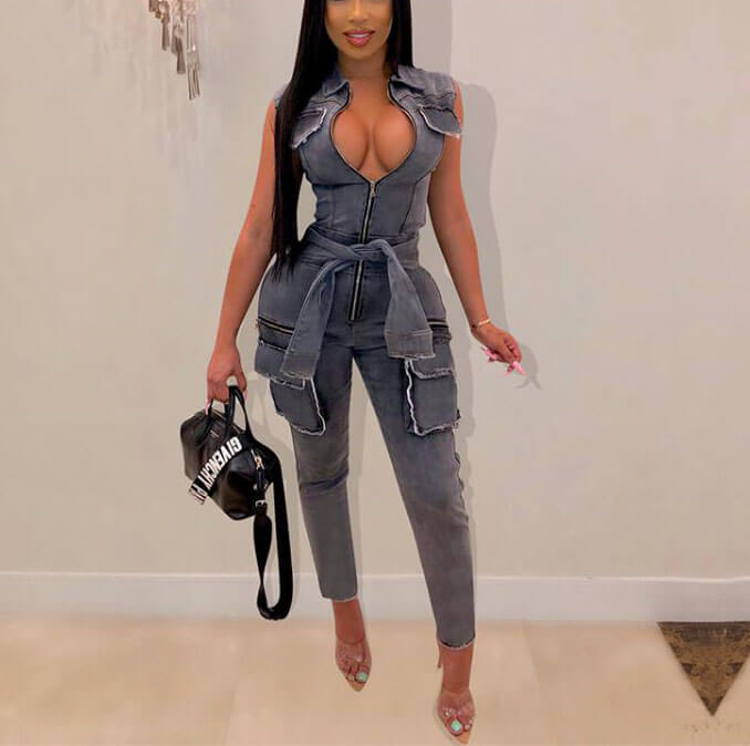 Women's Sexy Denim Jumpsuits Night Club Rompers with Pocket