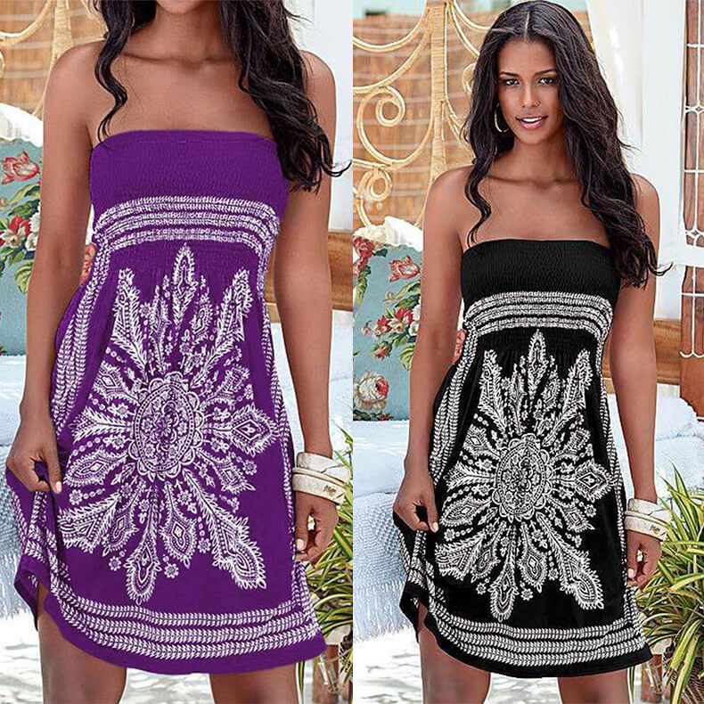 Women's Dress Strapless Floral Print Bohemian Casual Mini Beach Dress Cover Ups