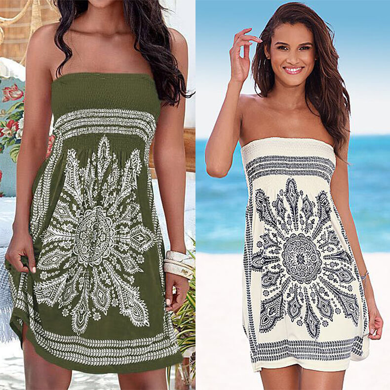 Women's Dress Strapless Floral Print Bohemian Casual Mini Beach Dress Cover Ups